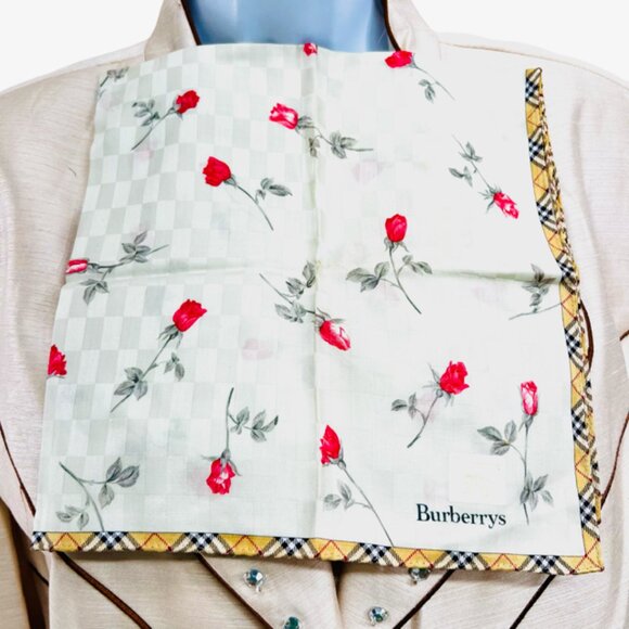 New W/Tag  Burberrys  Miniscarf/handker19.5" Cotton/Silk Light green Red Rose(11 - Picture 1 of 8